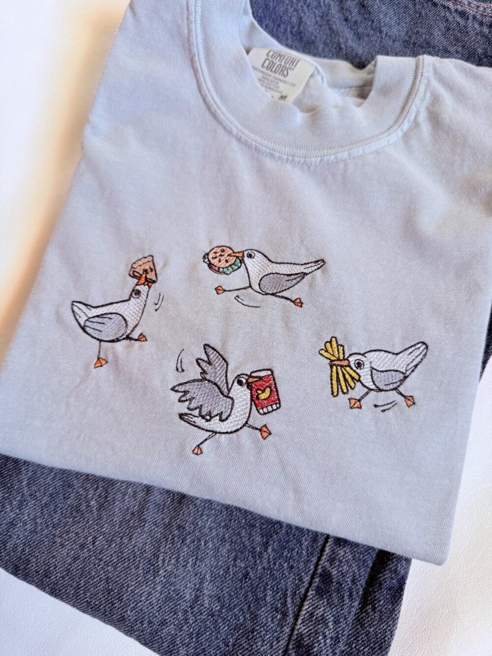 White T-Shirt Comfort Colors Silly Seagull Embroidered T-Shirt